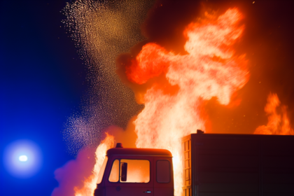 Truck on fire on the road