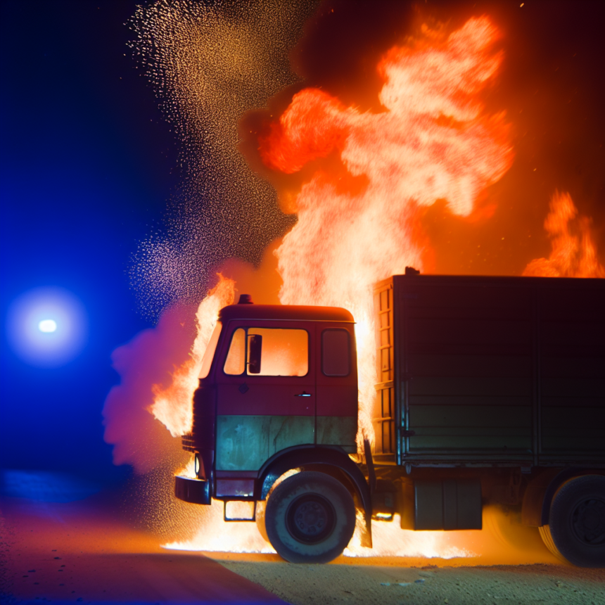 Truck on fire on the road